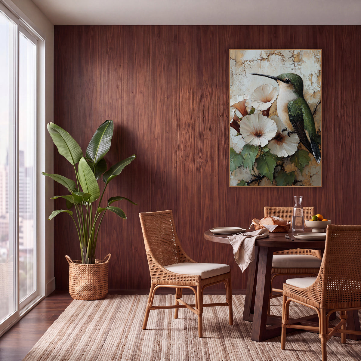 Green Hummingbird White Blossoms Bohemian wall art in a warm boho-style room – green hummingbird with long black beak