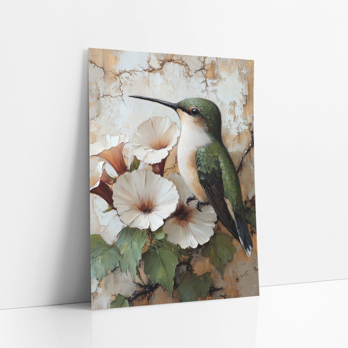 Green Hummingbird White Blossoms Bohemian art print leaning against a white wall – green hummingbird with long black beak