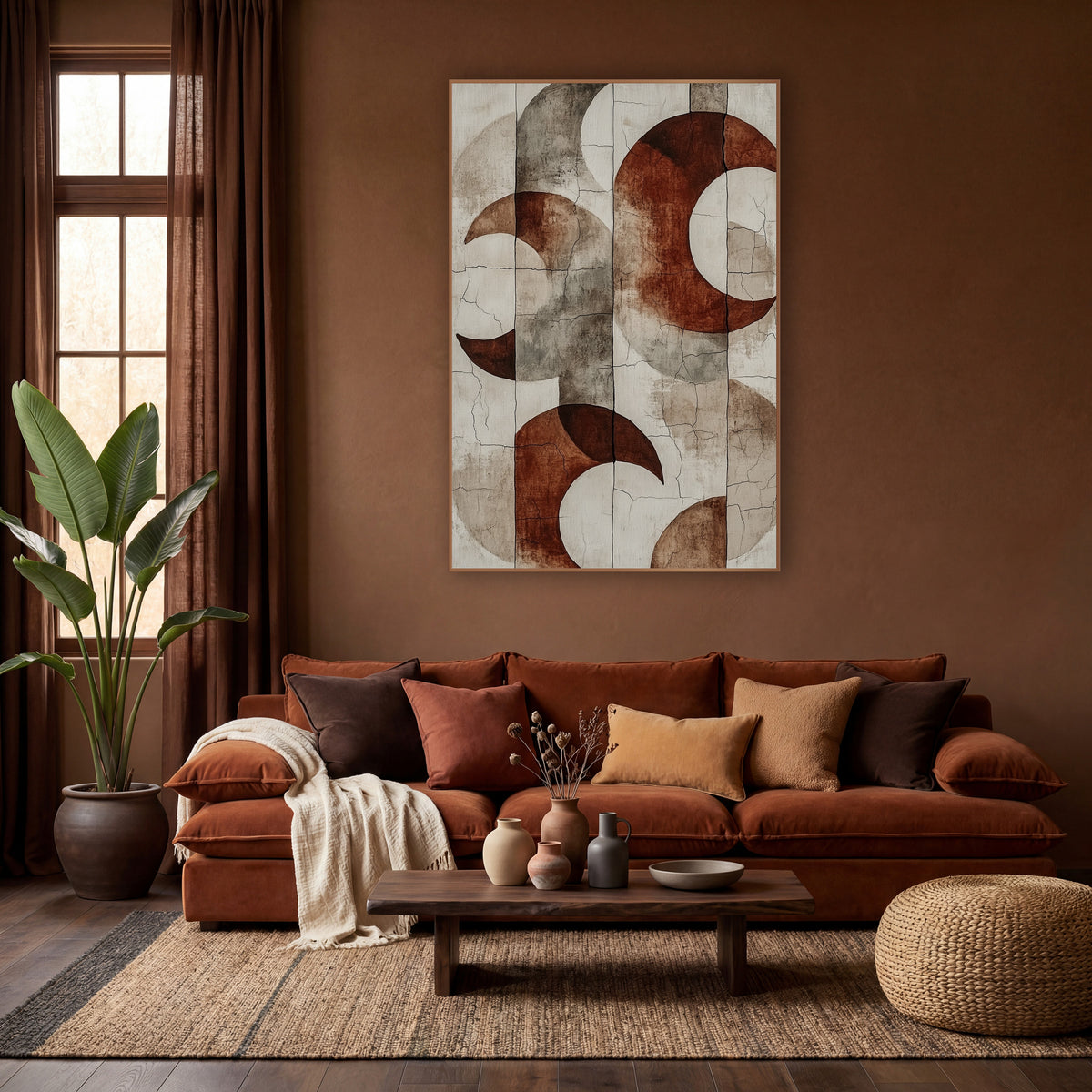 Rust Crescent Abstract Boho wall art in a warm boho-style room – abstract art of rust red crescent moons and gray