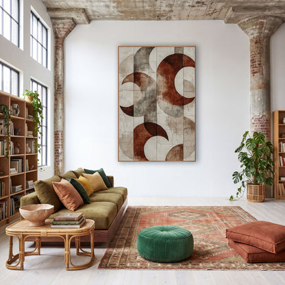 Rust Crescent Abstract Boho wall art in a warm boho-style room – abstract art of rust red crescent moons and gray