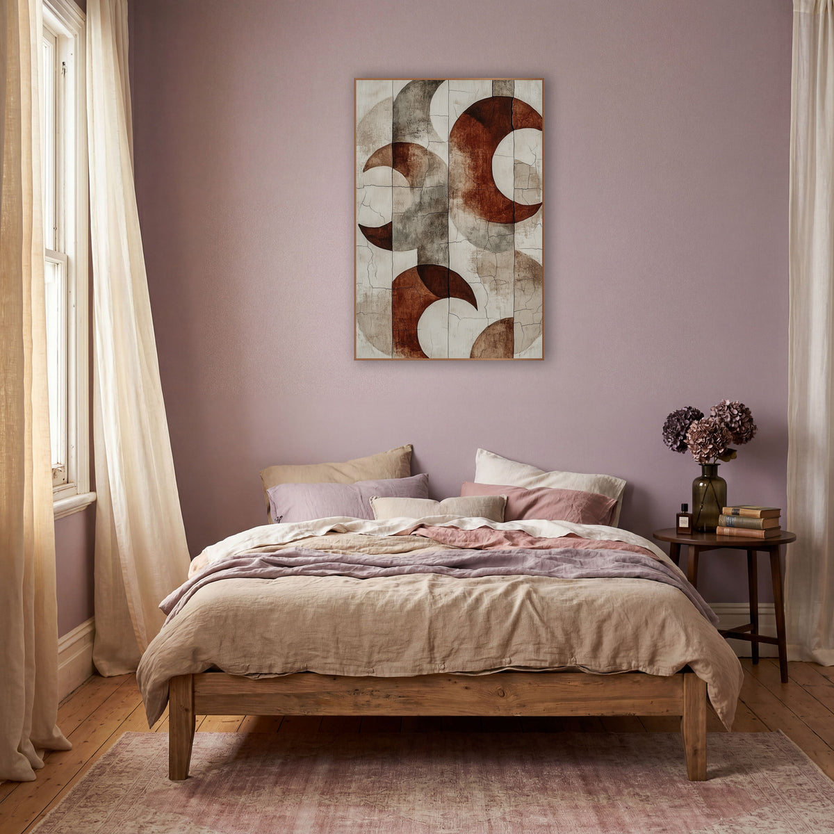 Rust Crescent Abstract Boho wall art in a warm boho-style room – abstract art of rust red crescent moons and gray