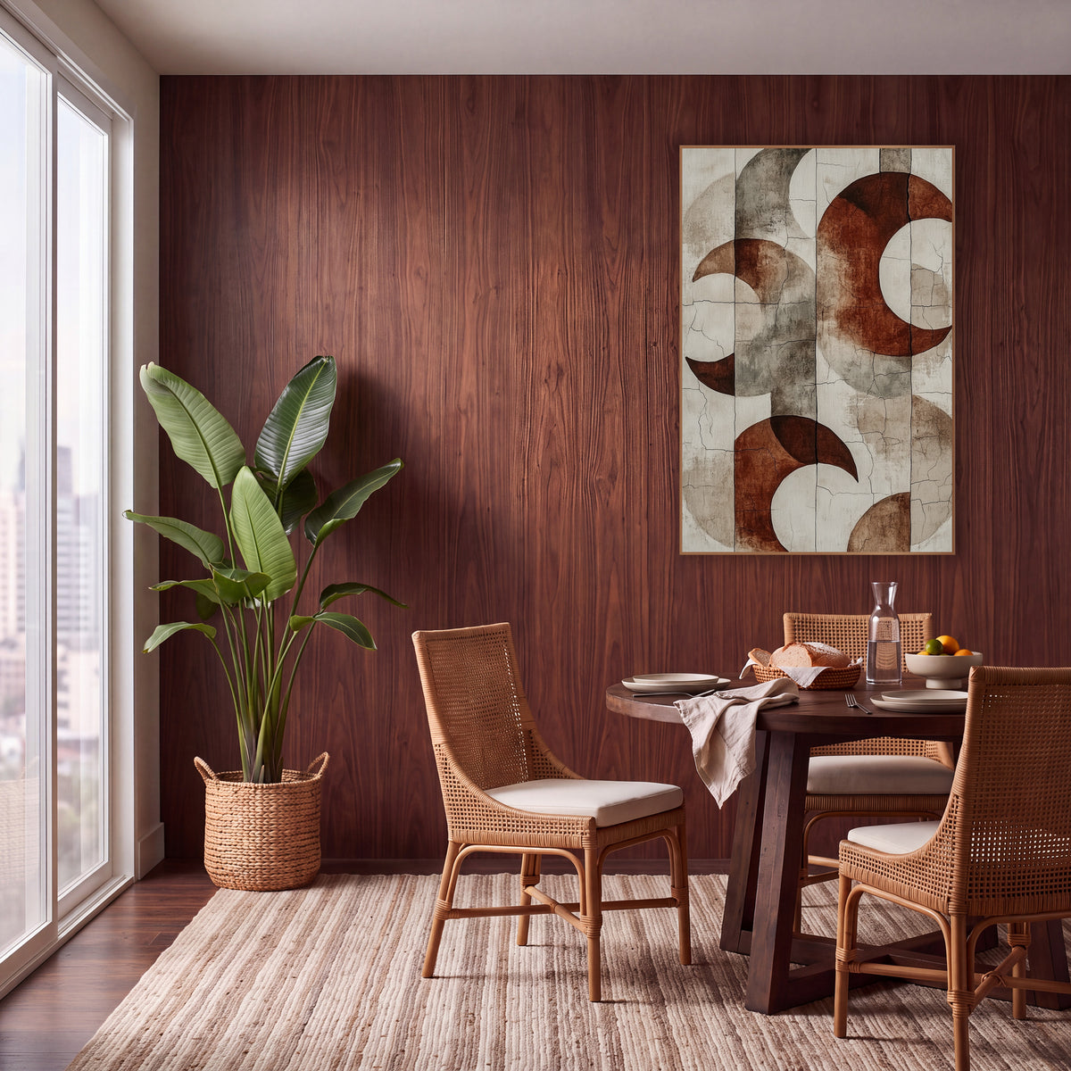 Rust Crescent Abstract Boho wall art in a warm boho-style room – abstract art of rust red crescent moons and gray
