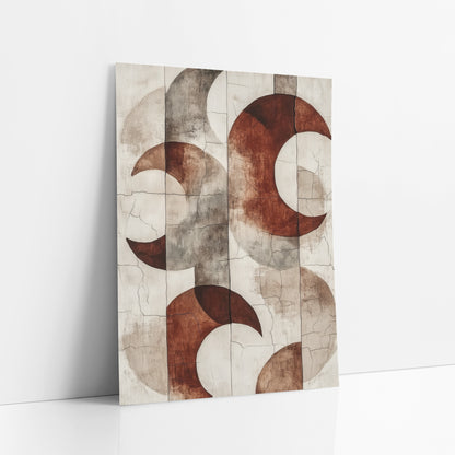 Rust Crescent Abstract Boho art print leaning against a white wall – abstract art of rust red crescent moons and gray