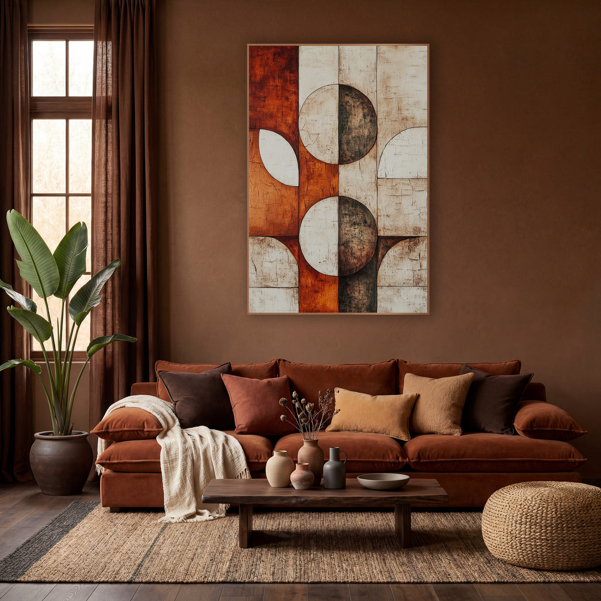 Rust Cream Half Moon Geometric wall art in a warm boho-style room – abstract geometric artwork of split circles