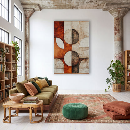 Rust Cream Half Moon Geometric wall art in a warm boho-style room – abstract geometric artwork of split circles