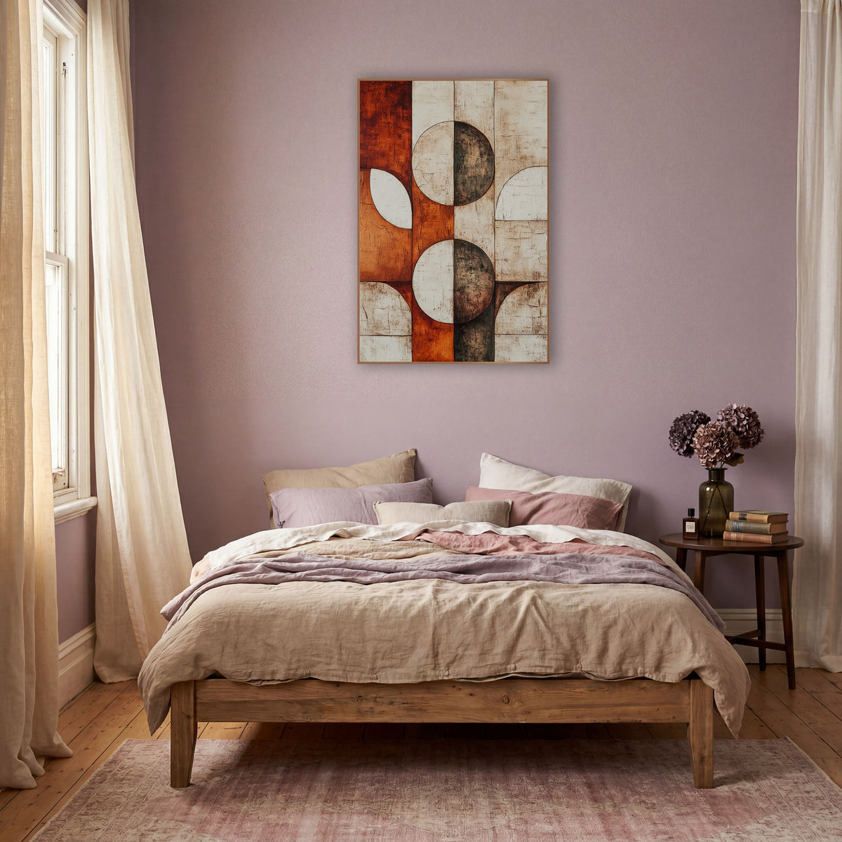 Rust Cream Half Moon Geometric wall art in a warm boho-style room – abstract geometric artwork of split circles