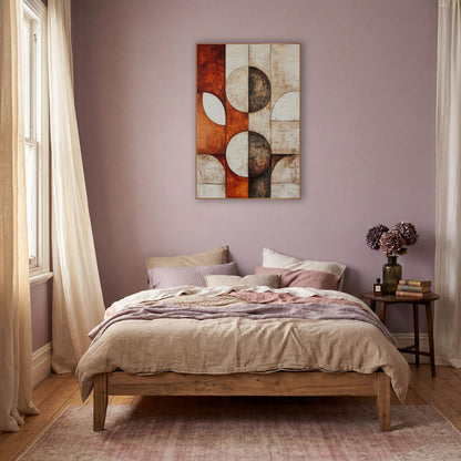 Rust Cream Half Moon Geometric wall art in a warm boho-style room – abstract geometric artwork of split circles
