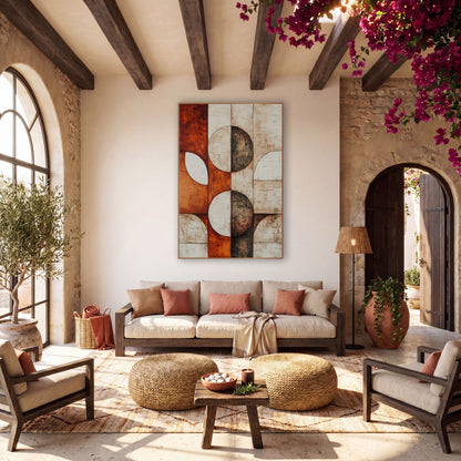 Rust Cream Half Moon Geometric wall art in a warm boho-style room – abstract geometric artwork of split circles
