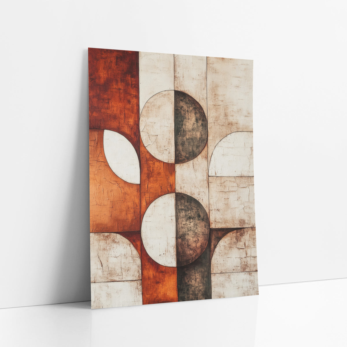 Rust Cream Half Moon Geometric art print leaning against a white wall – abstract geometric artwork of split circles