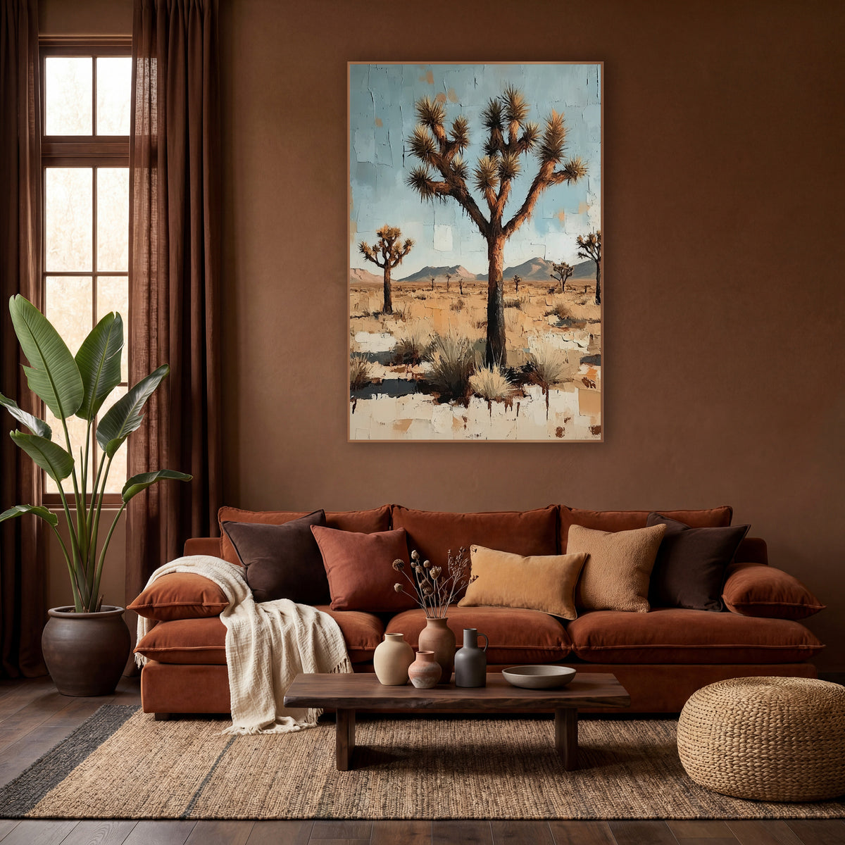 Desert Joshua Tree Boho Decor wall art in a warm boho-style room – three Joshua trees on a dry desert plain