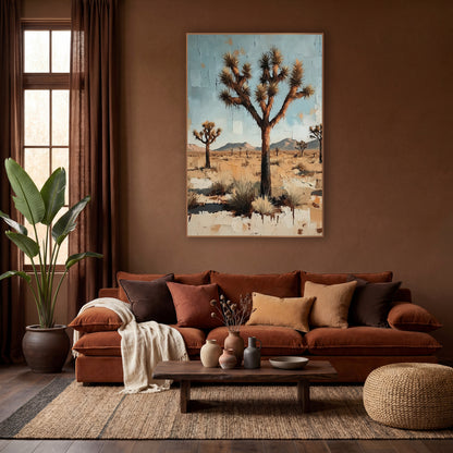 Desert Joshua Tree Boho Decor wall art in a warm boho-style room – three Joshua trees on a dry desert plain