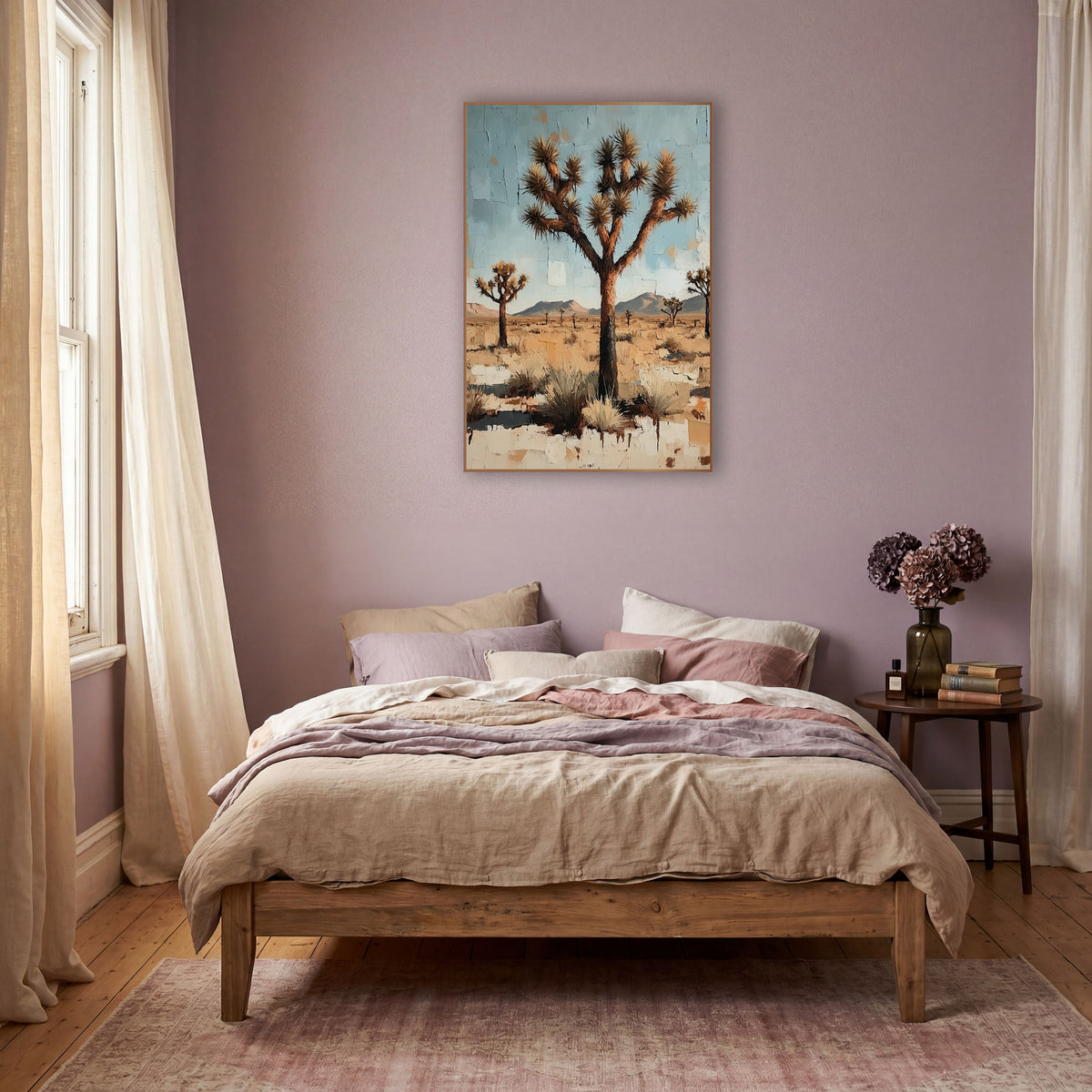 Desert Joshua Tree Boho Decor wall art in a warm boho-style room – three Joshua trees on a dry desert plain