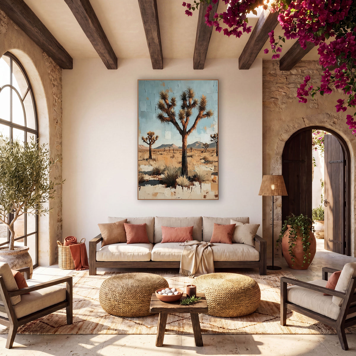 Desert Joshua Tree Boho Decor wall art in a warm boho-style room – three Joshua trees on a dry desert plain