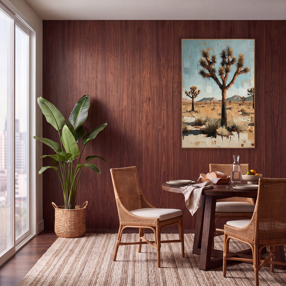 Desert Joshua Tree Boho Decor wall art in a warm boho-style room – three Joshua trees on a dry desert plain