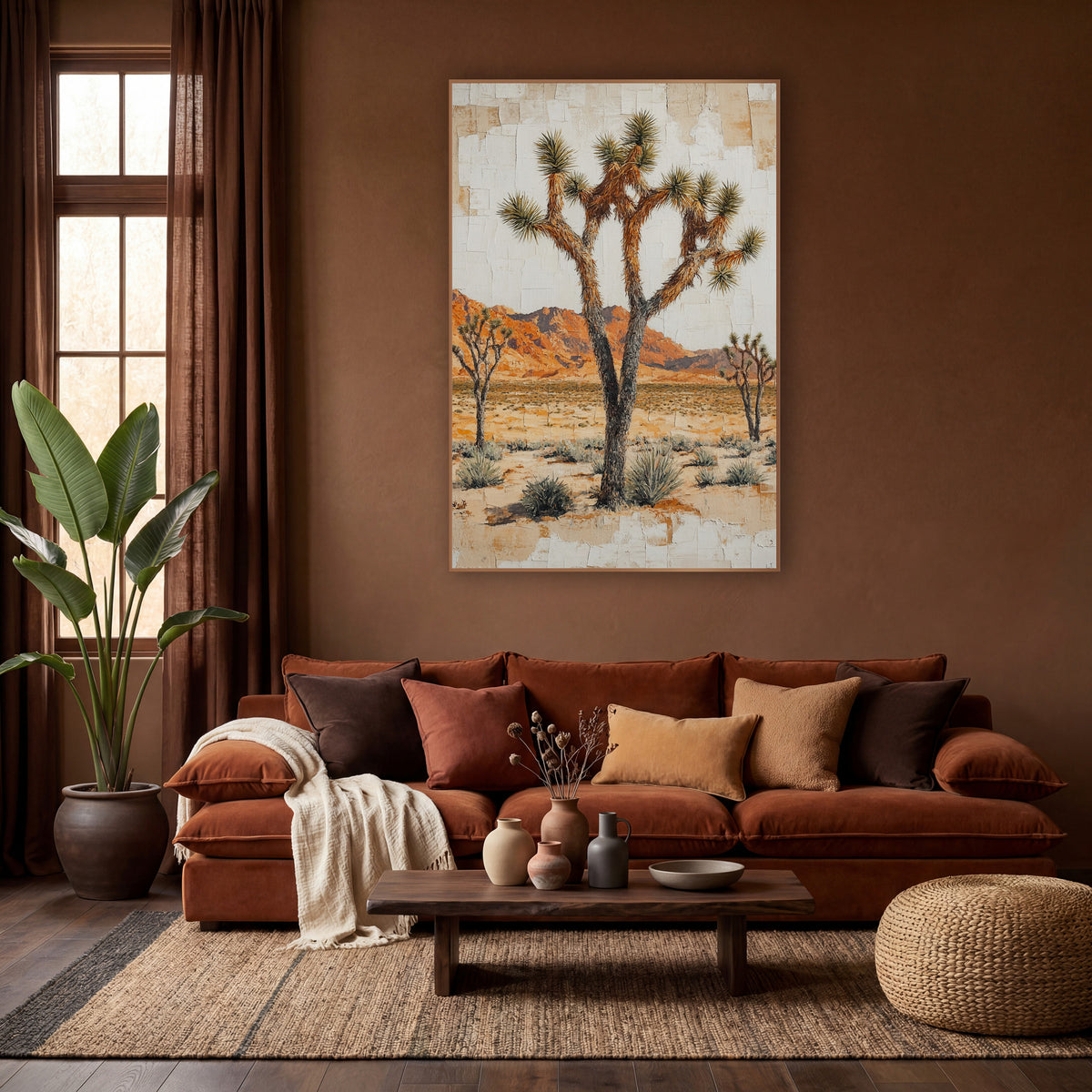 Red Mesa Joshua Tree Plaster wall art in a warm boho-style room – three Joshua trees on a sandy desert plain
