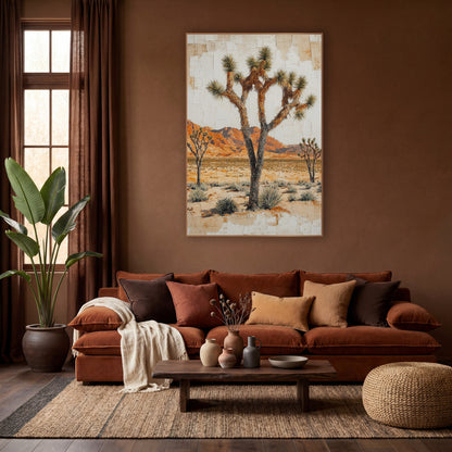 Red Mesa Joshua Tree Plaster wall art in a warm boho-style room – three Joshua trees on a sandy desert plain