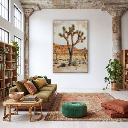 Red Mesa Joshua Tree Plaster wall art in a warm boho-style room – three Joshua trees on a sandy desert plain