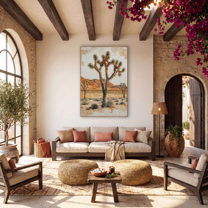 Red Mesa Joshua Tree Plaster wall art in a warm boho-style room – three Joshua trees on a sandy desert plain