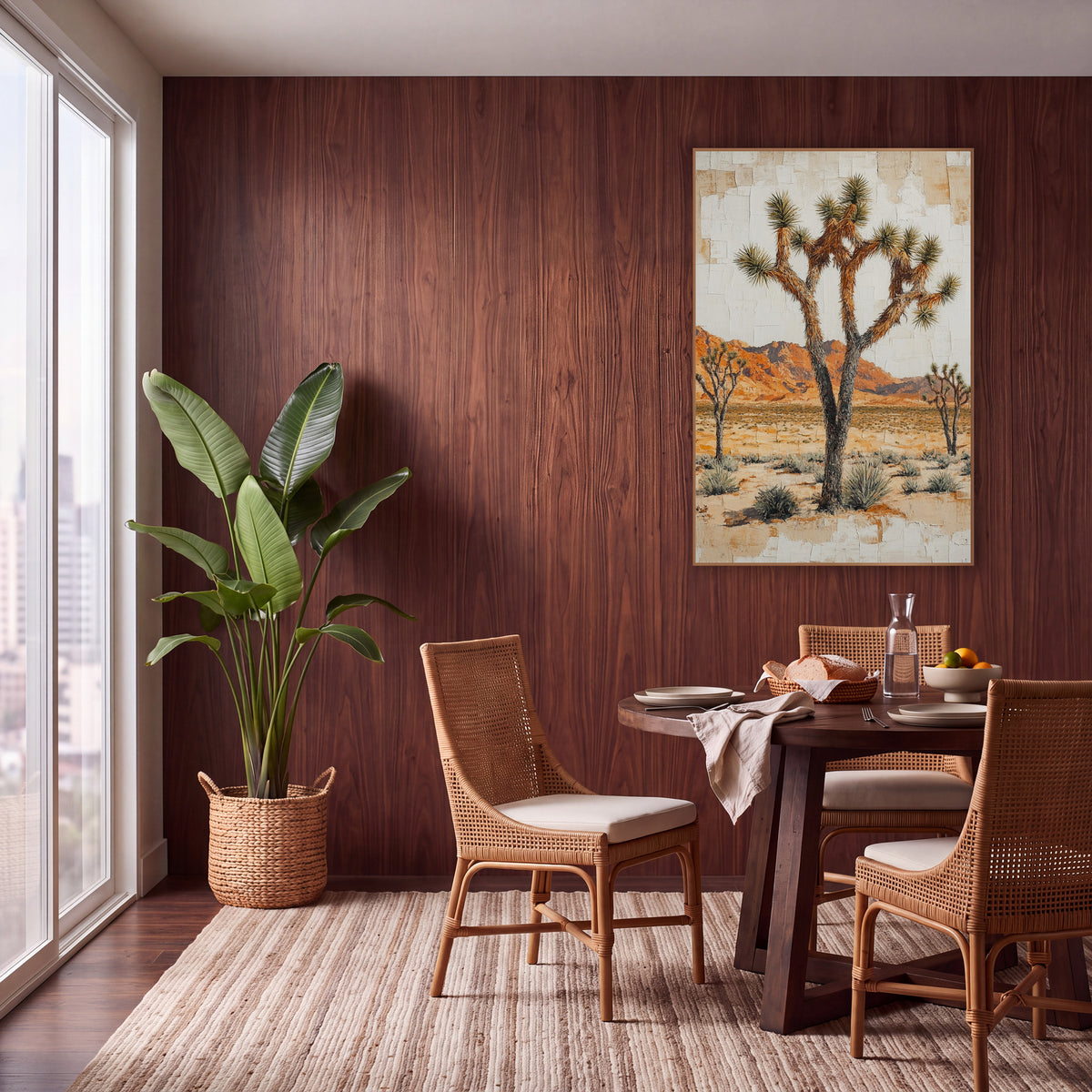 Red Mesa Joshua Tree Plaster wall art in a warm boho-style room – three Joshua trees on a sandy desert plain
