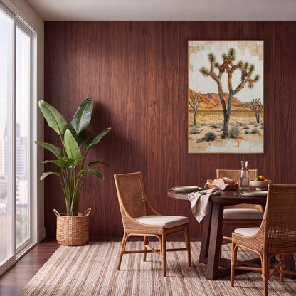 Red Mesa Joshua Tree Plaster wall art in a warm boho-style room – three Joshua trees on a sandy desert plain