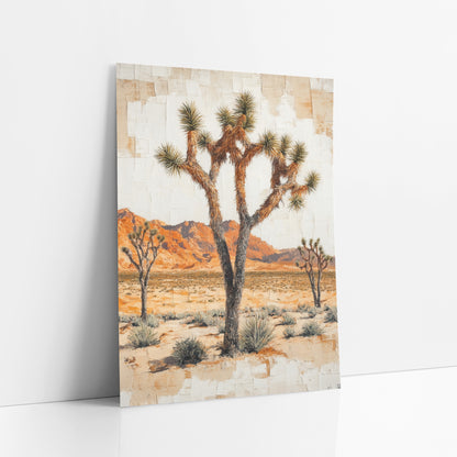Red Mesa Joshua Tree Plaster art print leaning against a white wall – three Joshua trees on a sandy desert plain with orange