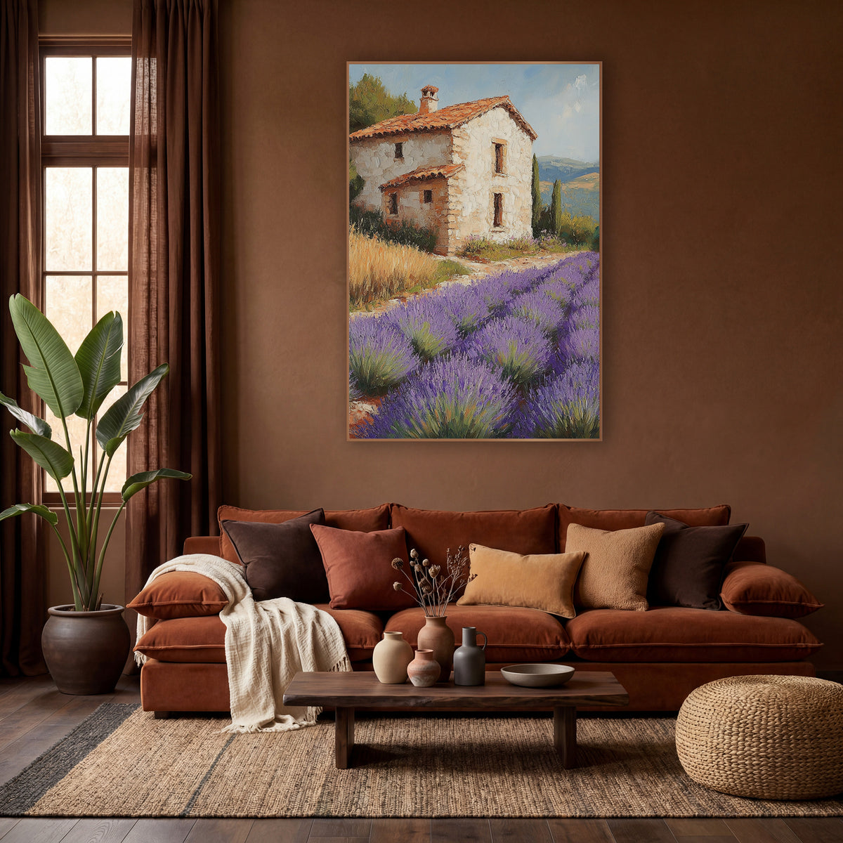 Lavender Field Farmhouse Boho wall art in a warm boho-style room – purple lavender rows beside a cream stone farmhouse