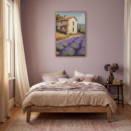 Lavender Field Farmhouse Boho wall art in a warm boho-style room – purple lavender rows beside a cream stone farmhouse