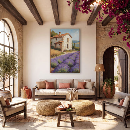 Lavender Field Farmhouse Boho wall art in a warm boho-style room – purple lavender rows beside a cream stone farmhouse
