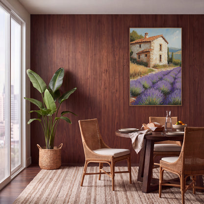 Lavender Field Farmhouse Boho wall art in a warm boho-style room – purple lavender rows beside a cream stone farmhouse