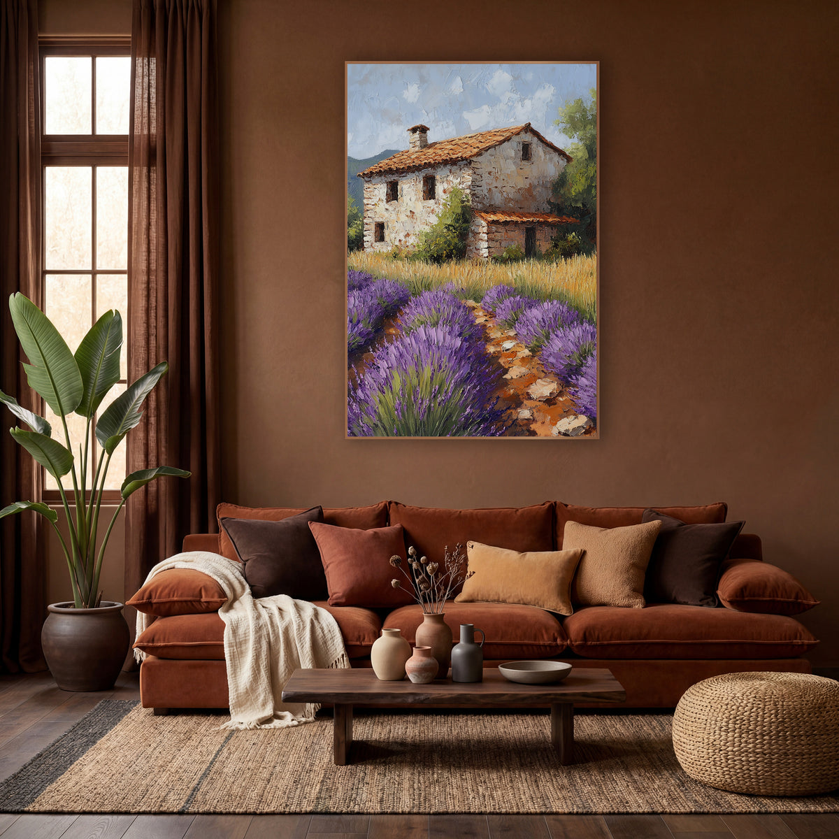 Lavender Farmhouse Mediterranean Boho wall art in a warm boho-style room – purple lavender rows and golden grass