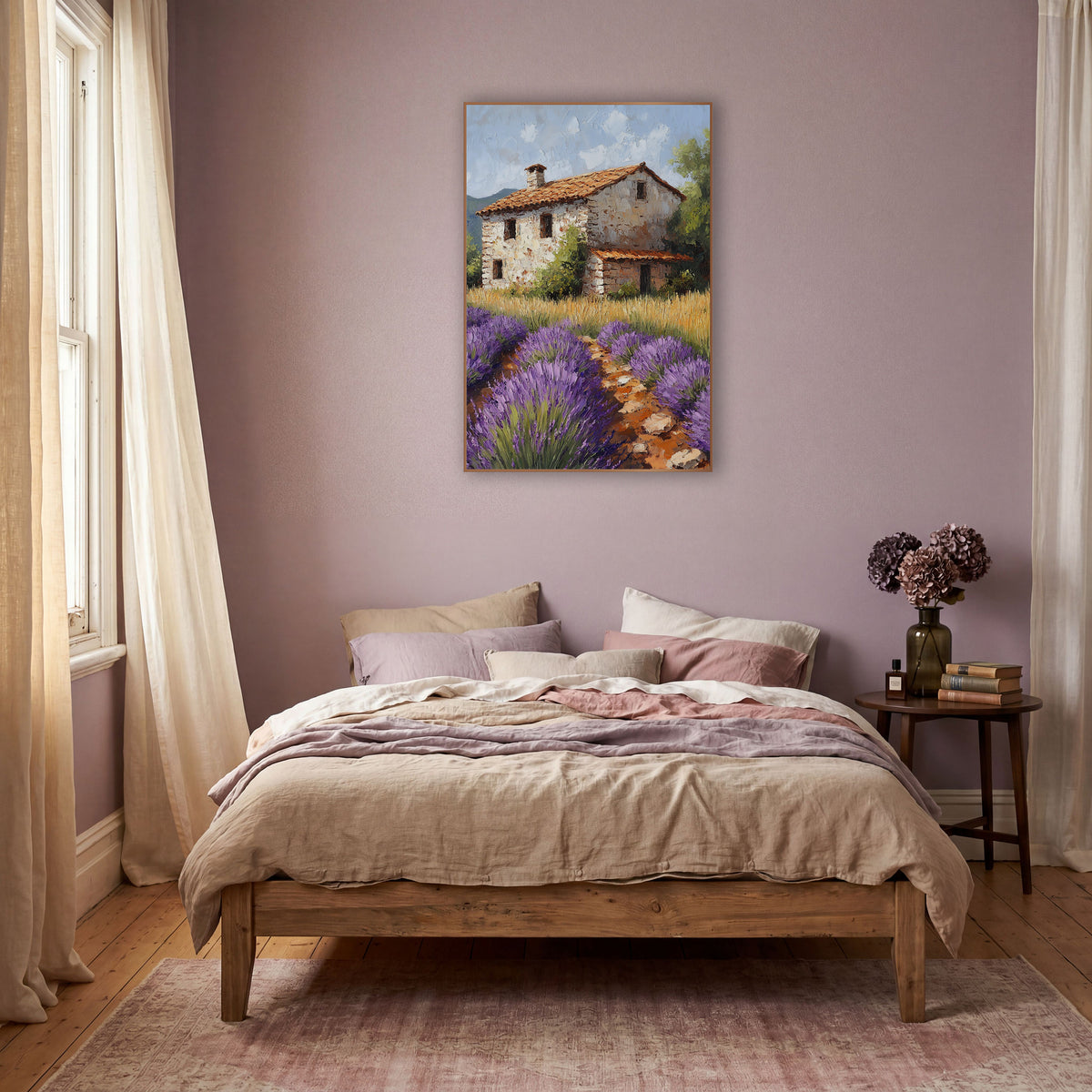 Lavender Farmhouse Mediterranean Boho wall art in a warm boho-style room – purple lavender rows and golden grass