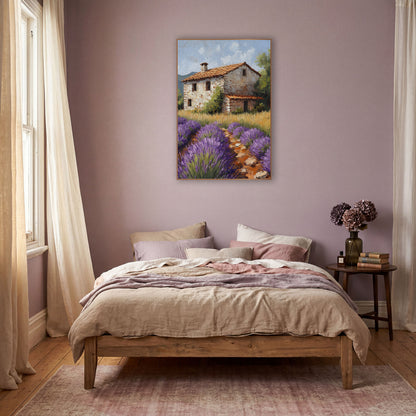 Lavender Farmhouse Mediterranean Boho wall art in a warm boho-style room – purple lavender rows and golden grass