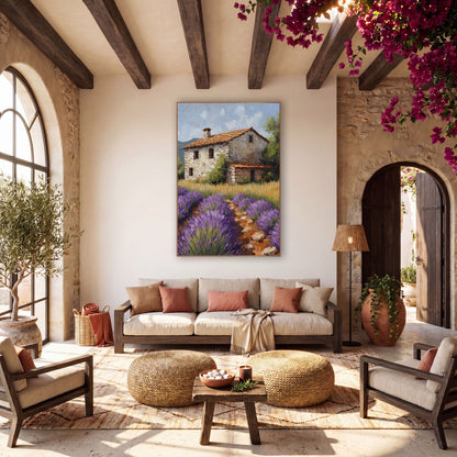 Lavender Farmhouse Mediterranean Boho wall art in a warm boho-style room – purple lavender rows and golden grass