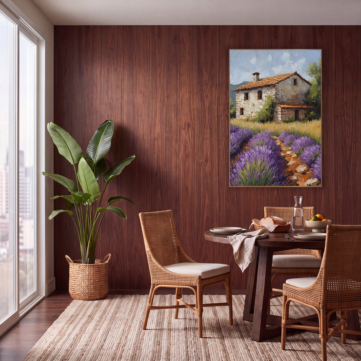 Lavender Farmhouse Mediterranean Boho wall art in a warm boho-style room – purple lavender rows and golden grass