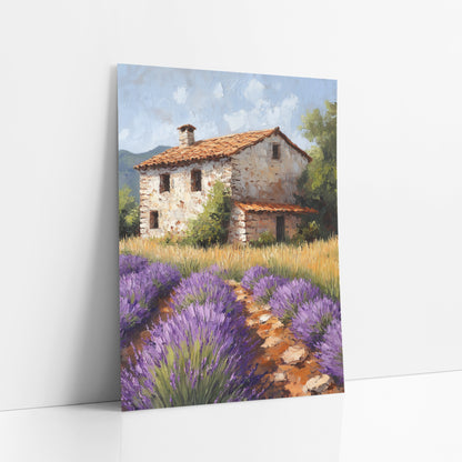 Lavender Farmhouse Mediterranean Boho art print leaning against a white wall – purple lavender rows and golden grass in front