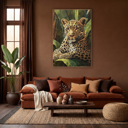 Reclining Leopard Banana Bunch Painterly wall art in a warm boho-style room – leopard with amber eyes resting