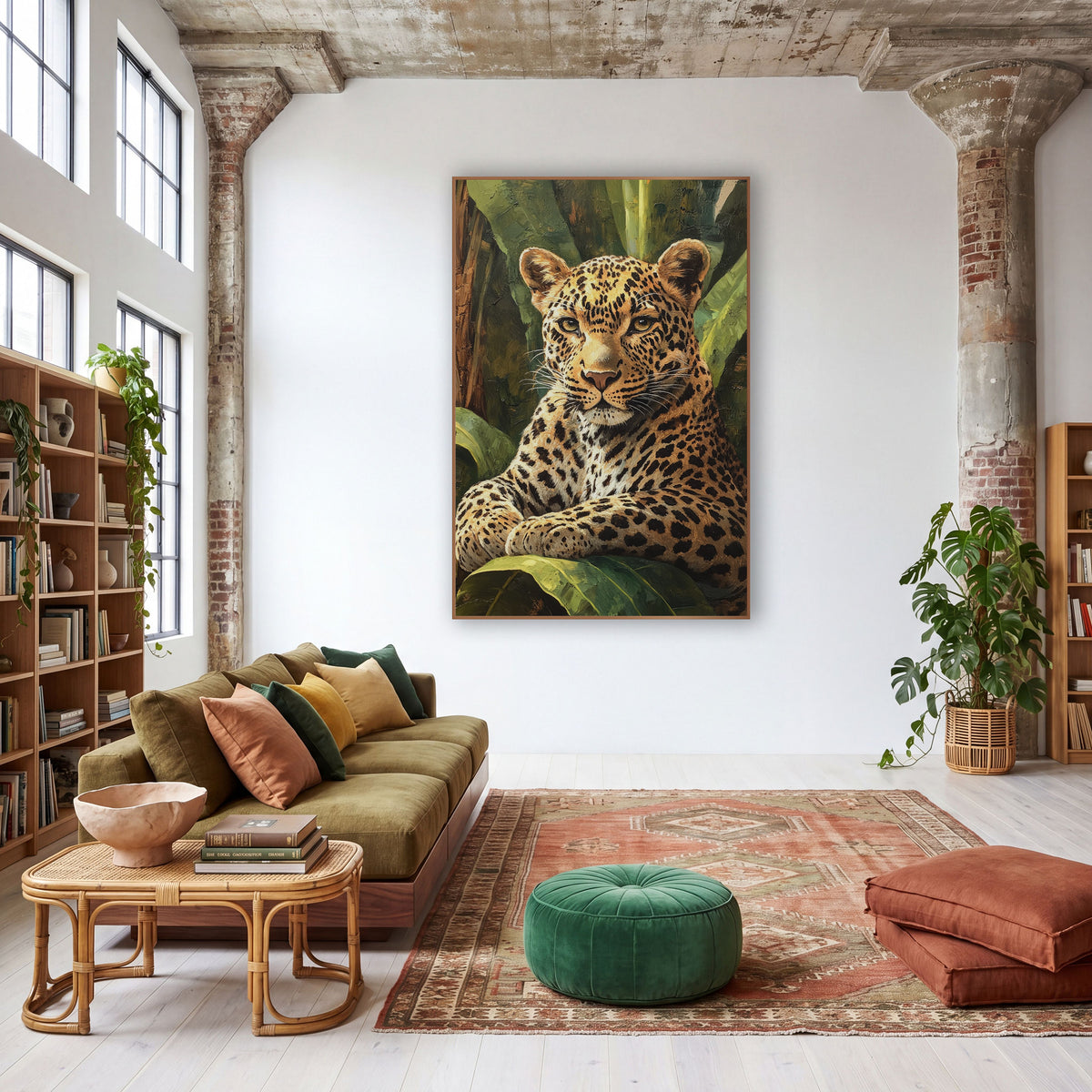 Reclining Leopard Banana Bunch Painterly wall art in a warm boho-style room – leopard with amber eyes resting