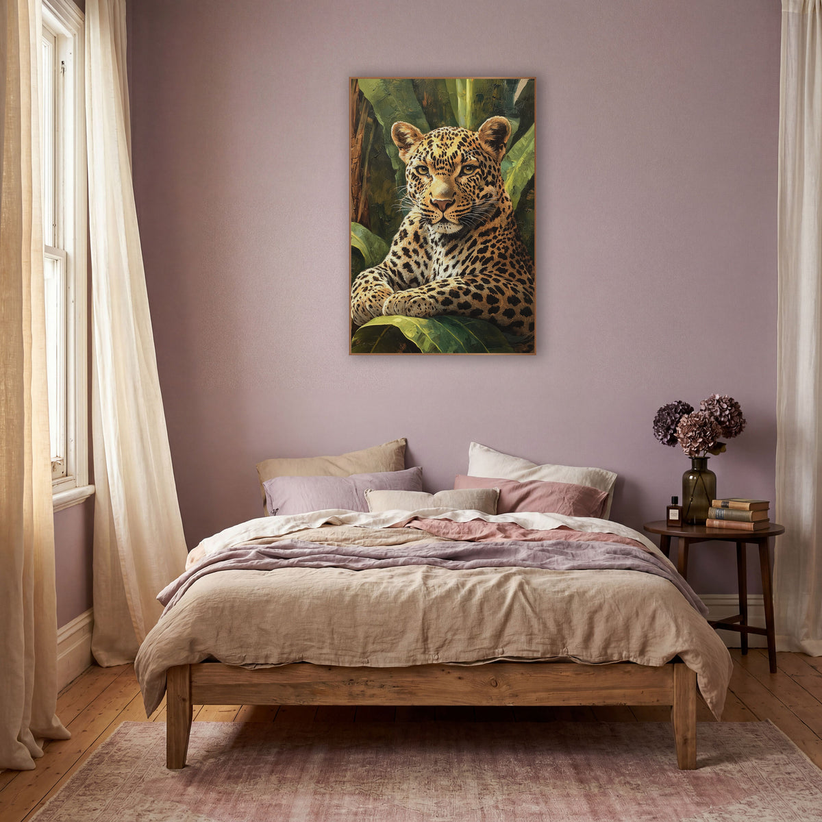 Reclining Leopard Banana Bunch Painterly wall art in a warm boho-style room – leopard with amber eyes resting