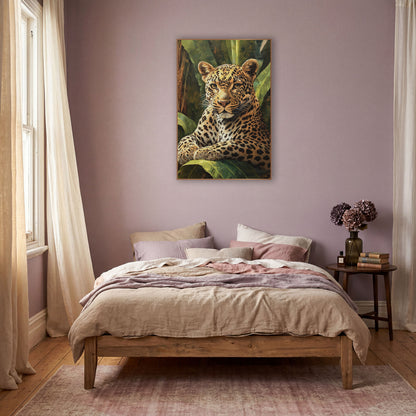 Reclining Leopard Banana Bunch Painterly wall art in a warm boho-style room – leopard with amber eyes resting