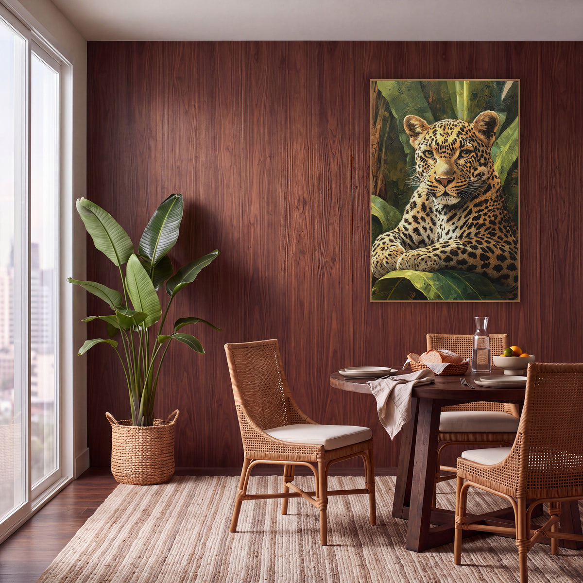 Reclining Leopard Banana Bunch Painterly wall art in a warm boho-style room – leopard with amber eyes resting