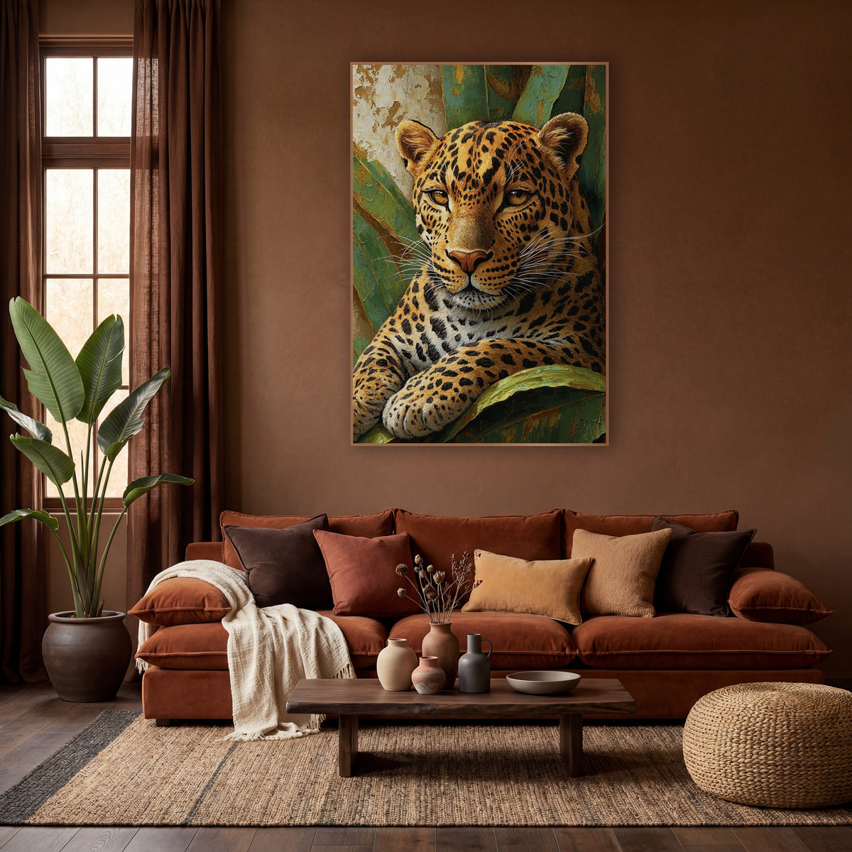 Golden Leopard Jungle Boho wall art in a warm boho-style room – golden leopard with black spots and amber eyes resting
