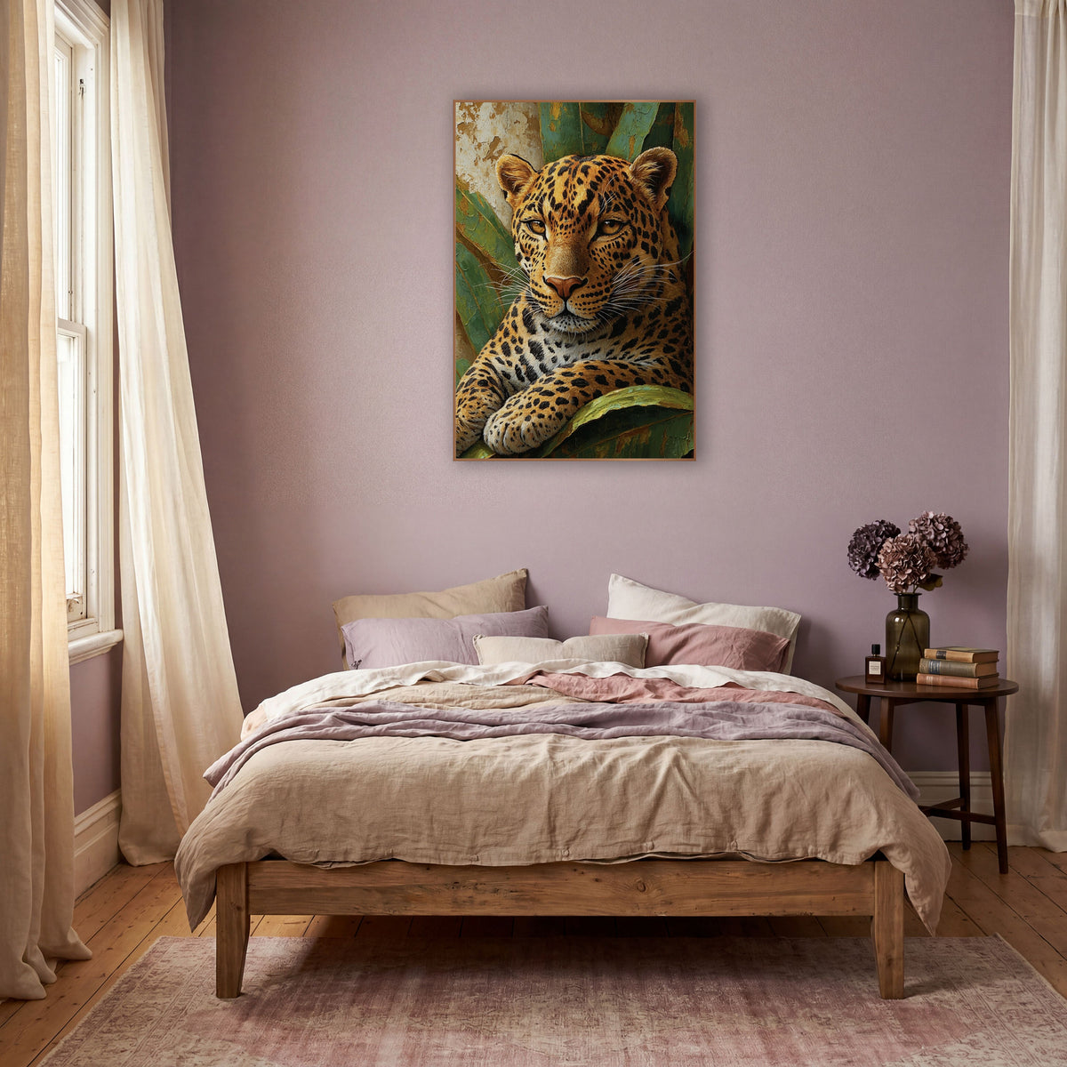 Golden Leopard Jungle Boho wall art in a warm boho-style room – golden leopard with black spots and amber eyes resting