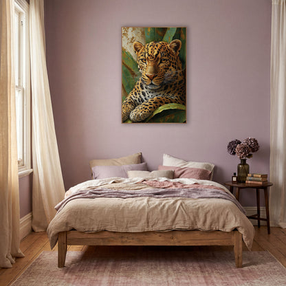 Golden Leopard Jungle Boho wall art in a warm boho-style room – golden leopard with black spots and amber eyes resting