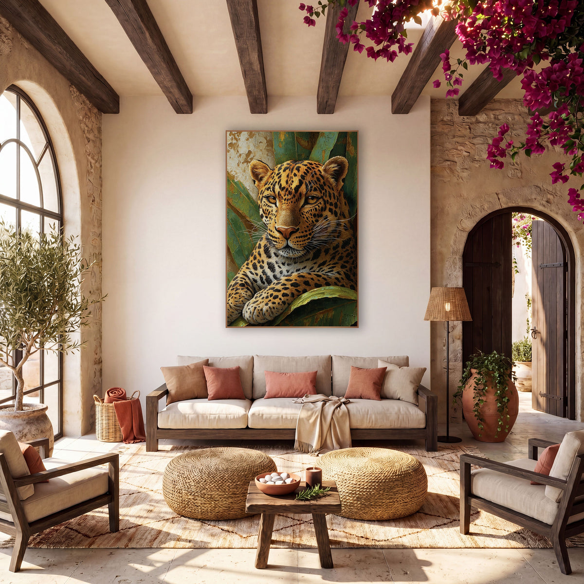 Golden Leopard Jungle Boho wall art in a warm boho-style room – golden leopard with black spots and amber eyes resting