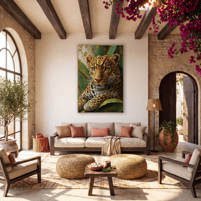 Golden Leopard Jungle Boho wall art in a warm boho-style room – golden leopard with black spots and amber eyes resting