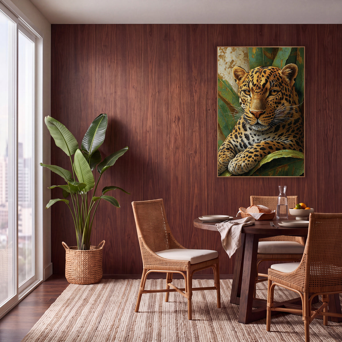 Golden Leopard Jungle Boho wall art in a warm boho-style room – golden leopard with black spots and amber eyes resting