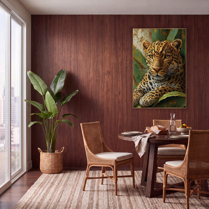 Golden Leopard Jungle Boho wall art in a warm boho-style room – golden leopard with black spots and amber eyes resting