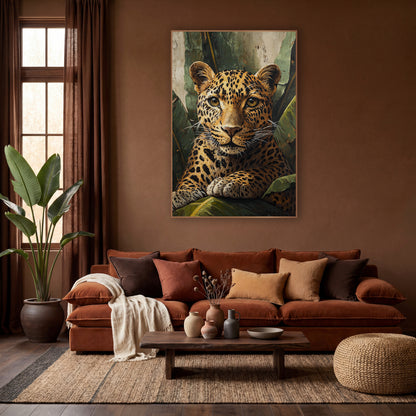Boho Leopard Banana Leaves wall art in a warm boho-style room – leopard with amber eyes and spotted golden coat