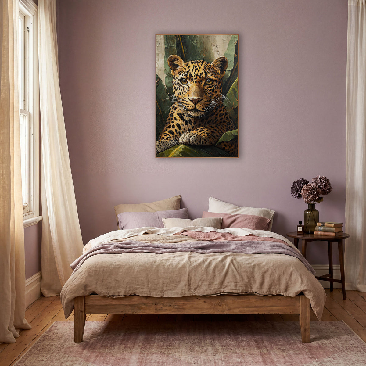 Boho Leopard Banana Leaves wall art in a warm boho-style room – leopard with amber eyes and spotted golden coat