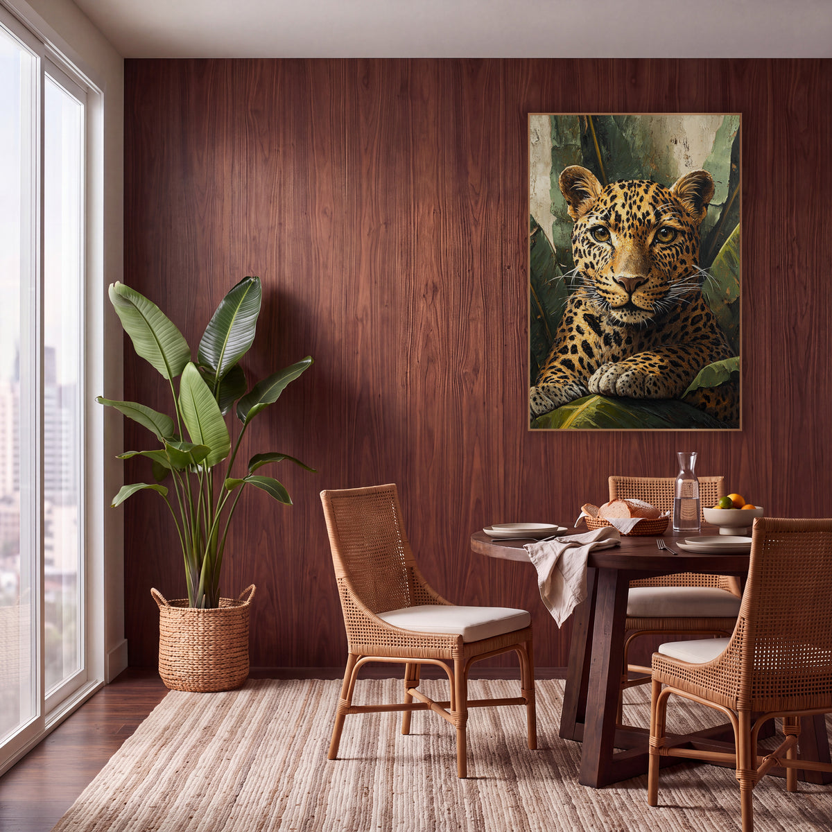 Boho Leopard Banana Leaves wall art in a warm boho-style room – leopard with amber eyes and spotted golden coat
